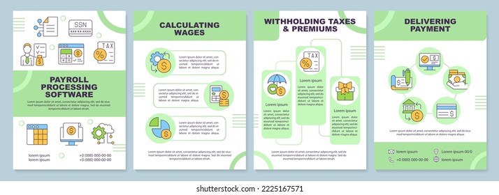 Payroll processing software green brochure template. Leaflet design with linear icons. Editable 4 vector layouts for presentation, annual reports. Arial-Black, Myriad Pro-Regular fonts used