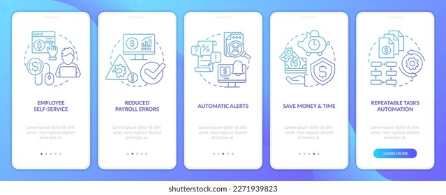 Payroll processing software pros blue gradient onboarding mobile app screen. Walkthrough 5 steps graphic instructions with linear concepts. UI, UX, GUI template. Myriad Pro-Bold, Regular fonts used