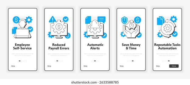 Software de processamento de folha de pagamento prós tela de integração móvel. Ilustração de UX UI de automação comercial. Ícones de estilo de estrutura de tópicos plana com ênfase azul
