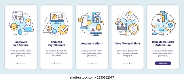 Payroll processing software pros onboarding mobile app screen. Walkthrough 5 steps editable graphic instructions with linear concepts. UI, UX, GUI template. Myriad Pro-Bold, Regular fonts used