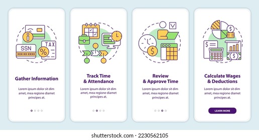 Payroll processing stages onboarding mobile app screen. Wage walkthrough 4 steps editable graphic instructions with linear concepts. UI, UX, GUI template. Myriad Pro-Bold, Regular fonts used