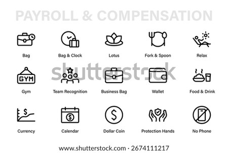 Payroll Professional Line Icon Pack with Modern Minimal Benefits, Compensation, Salary, Bonus, Incentives, and Reward Finance Vector Illustrations