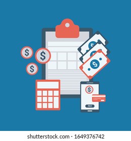 Payroll, salary payment administrative. accountant calculating payment check. Expenses, salary calculation vector illustration concept.