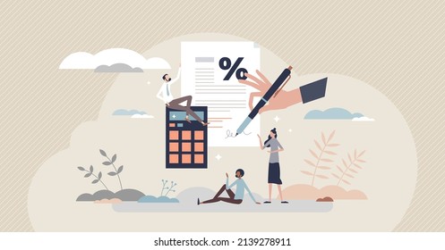 Payroll, salary or wage calculation with earning payment tiny person concept. Company employee staff financial fee reward and accounting paycheck documentation vector illustration. Loan percentage.