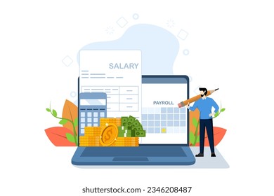 payroll system concept, online income calculation and automatic payment, administrative accounting office or calendar payment dates, businessman standing with online payroll computer.