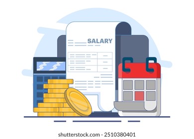 Concepto de sistema de nómina, cálculo de ingresos en línea y pago automático, oficina de contabilidad administrativa o fecha de pago del calendario, computadora con nómina en línea. Ilustración vectorial plana en el fondo