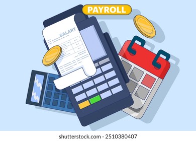 payroll system concept, online income calculation and automatic payment, administrative accounting office or calendar payment date, computer with online payroll. flat vector illustration on background
