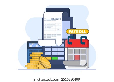 payroll system concept, online income calculation and automatic payment, administrative accounting office or calendar payment date, computer with online payroll. flat vector illustration on background