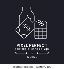 Payroll tax white linear desktop icon on black. Employee deductions. Personal income. Pixel perfect 128x128, outline 2px. Isolated user interface symbol for dark theme. Editable stroke