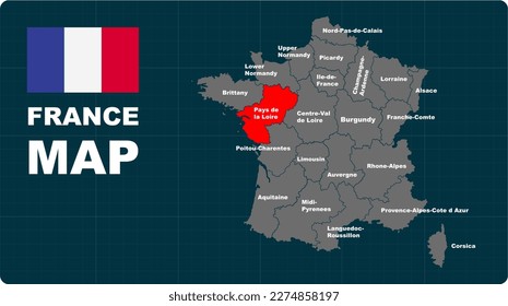 Pays de la Loire Map, Pays de la Loire red highlighted in 🇫🇷 FANCE 🇫🇷 map, flat design illustration vector