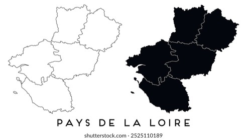 Mapa de Pays de la Loire de regiões distritos vetor preto em branco e contorno