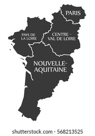 Pays de la loire, Paris, Centre, Val de Loire, Nouvelle Aquitaine Map France illustration