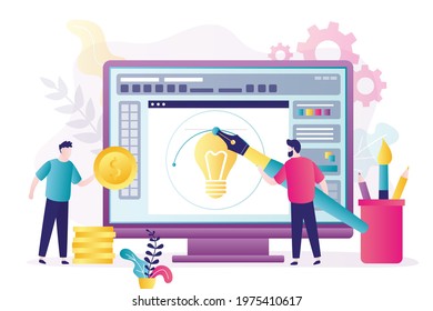 Сlient pays for work of graphic designer. Illustrator with stylus draws digital pictures on computer screen. Customer holds out gold coin. Program for drawing on monitor. Flat vector illustration