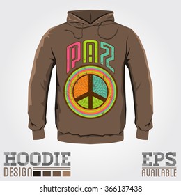 Paz - Peace spanish text - Vector hoodie print design with Peace and Love Icon, emblem - sweatshirt print template