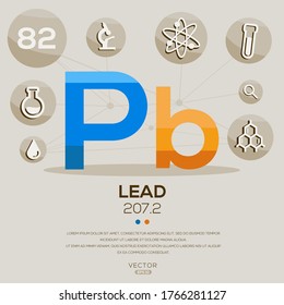 Pb (Lead)The periodic table element,letters and icons,Vector illustration.