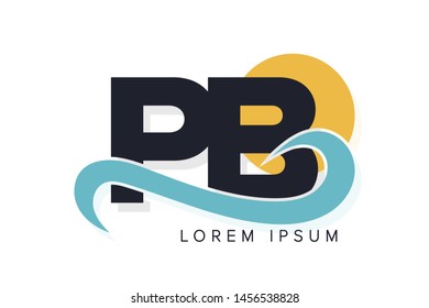 PB letter logo with ocean waves and sunset. Beach concept design