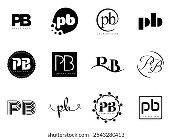 PB logo company template. Letter p and b logotype. Set different classic serif lettering and modern bold text with design elements. Initial font typography. Collection trendy business identity.