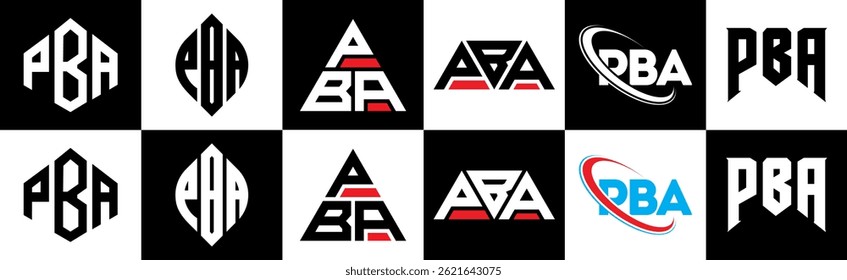 Diseño de logotipo de letra PBA en seis estilos. PBA polígono, círculo, triángulo, hexágono, estilo plano y simple con logo de letra de variación de color blanco y negro en una mesa de trabajo. Logotipo PBA minimalista y clásico