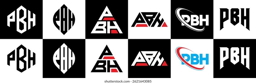 PBH letter logo design in six style. PBH polygon, circle, triangle, hexagon, flat and simple style with black and white color variation letter logo set in one artboard. PBH minimalist and classic logo
