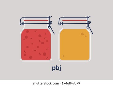 PBJ breakfast, peanut butter and jelly in swing top jars, American traditional snack