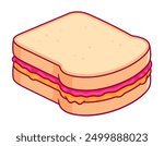 PBJ sandwich drawing. White toast bread with peanut butter and raspberry jam. Cartoon vector illustration.