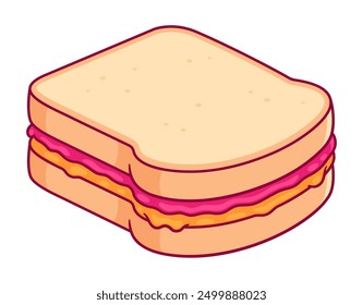 PBJ sandwich drawing. White toast bread with peanut butter and raspberry jam. Cartoon vector illustration.