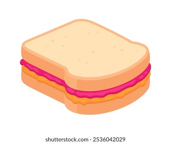 Desenho sanduíche PBJ. Pão torrado branco com manteiga de amendoim e geleia de framboesa. Ilustração de desenho de vetor plano de desenhos animados.