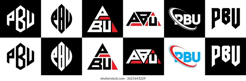 PBU letter logo design in six style. PBU polygon, circle, triangle, hexagon, flat and simple style with black and white color variation letter logo set in one artboard. PBU minimalist and classic logo