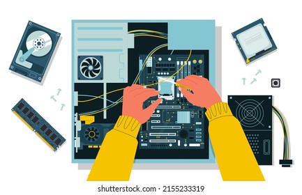 PC assembly. Personal computer components service and maintenance, gaming PC upgrade with SSD, CPU and GPU. Vector concept of hardware computer, technology electronic illustration