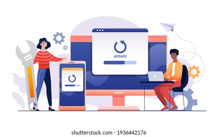 PC bug fixing installing update process, Diverse team upgrade app program, data network installation development. Flat web abstract banner outline cartoon vector illustration Website project isolated