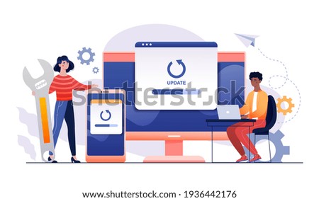 PC bug fixing installing update process, Diverse team upgrade app program, data network installation development. Flat web abstract banner outline cartoon vector illustration Website project isolated