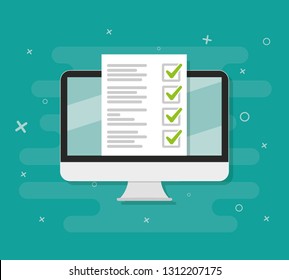 Pc and checkboxes with check mark. Choice, survey flat design for banners, websites. Vector icon