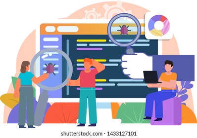 PC checking, cleaning from viruses, antivirus app. People stand near big screen. Poster for social media, web page, banner, presentation. Flat design vector illustration