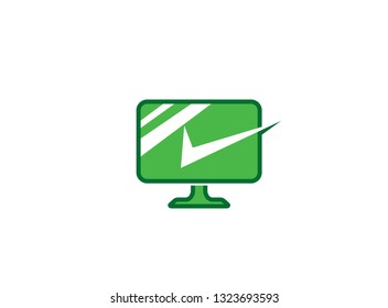 PC with checkmark linear icon a big green computer's screen with check mark  for logo design illustration