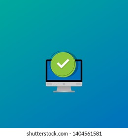 pc with checkmark or tick notification in green circle. approve checkmark