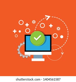 pc with checkmark or tick notification in green circle. approve checkmark