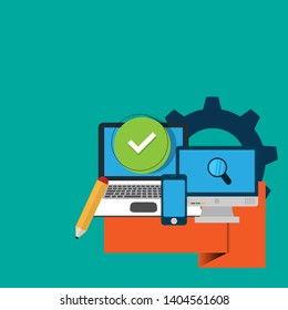 pc with checkmark or tick notification in green circle. approve checkmark