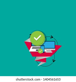 pc with checkmark or tick notification in green circle. approve checkmark