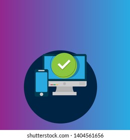 pc with checkmark or tick notification in green circle. approve checkmark