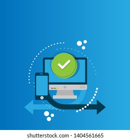pc with checkmark or tick notification in green circle. approve checkmark