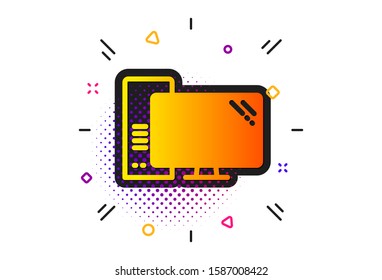 PC component sign. Halftone circles pattern. Computer icon. Monitor with case symbol. Classic flat computer icon. Vector