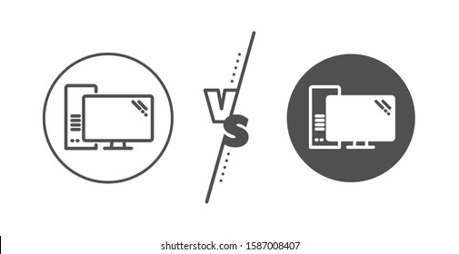 PC component sign. Versus concept. Computer line icon. Monitor with case symbol. Line vs classic computer icon. Vector