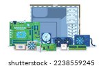 PC components. Computer case with electronic hardware parts. Build or upgrade personal computer vector illustration of computer pc and device technology
