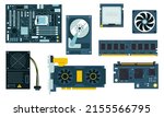 PC components. CPU GPU motherboard cooler, SSD and hand drawn memory modules, system unit and power supply. Vector personal computer parts isolated set. Illustration of chip hardware, ram and cpu