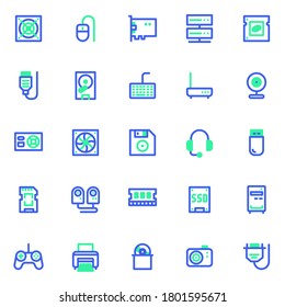 PC Components line icons set. linear style symbols collection, outline signs pack. Computer hardware vector graphics. Set includes icons as CPU processor, RAM, power unit supply, cables, data server