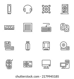 Conjunto de iconos de línea de componentes de PC, colección de símbolos de vector de contorno, paquete de pictogramas de estilo lineal de hardware de equipo. Ilustración del logotipo de los carteles. Set incluye iconos como auriculares, altavoz de sonido, flash usb, disco