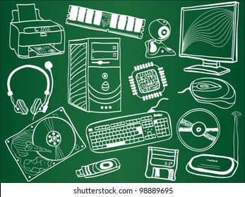 Pc components and peripheral devices sketches on school board. Vector illustration.