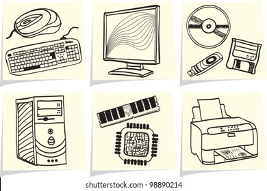 Pc components and peripheral devices sketches on yellow memo sticks. Vector illustration.