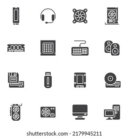 Conjunto de iconos vectoriales de componentes de PC, colección de símbolos sólidos modernos, paquete de pictogramas de estilo de hardware de computadora. Ilustración del logotipo de los carteles. Set incluye iconos como auriculares, altavoz de sonido, flash usb, disco