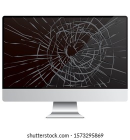 PC computer with cracked monitor. Smashed black LCD screen realistic vector illustration.